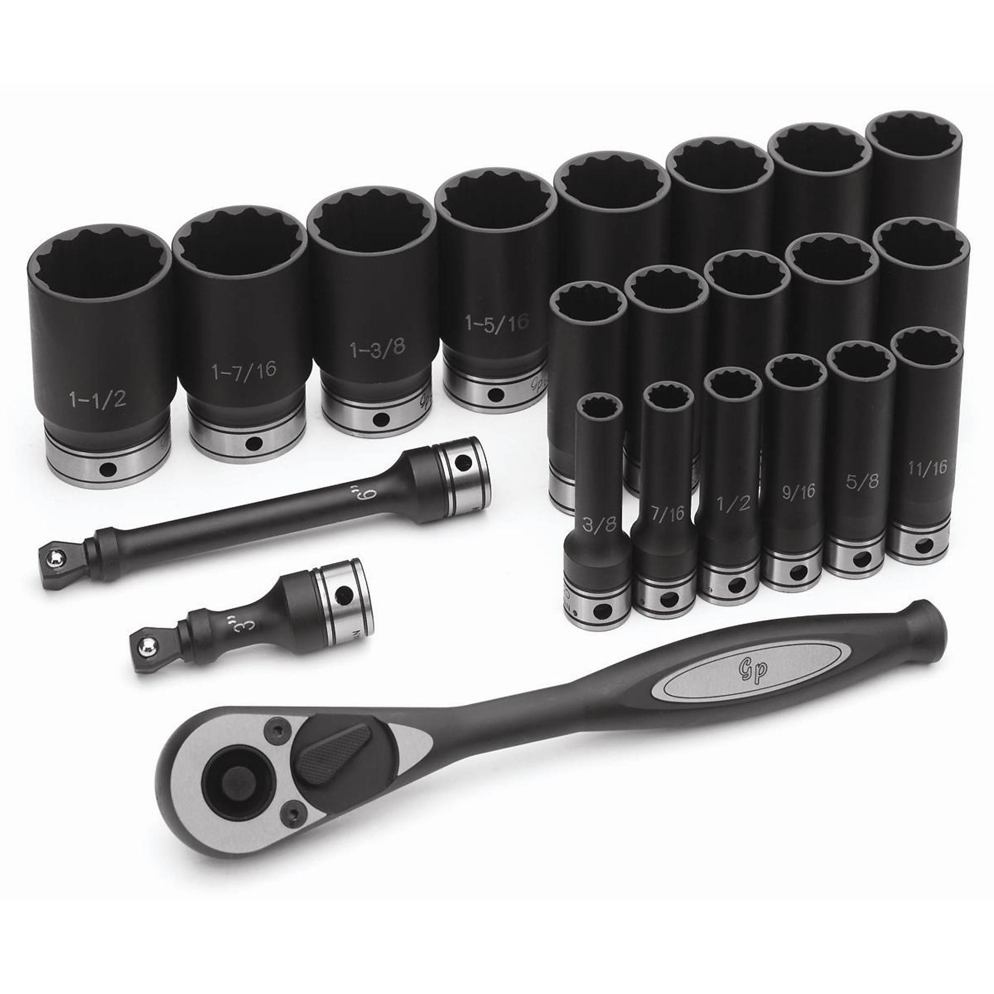 Grey Pneumatic Fractional Deep Duo-Socket Set — 1/2in. Drive, 22-Piece, 12-Point, Model# GRE82222D